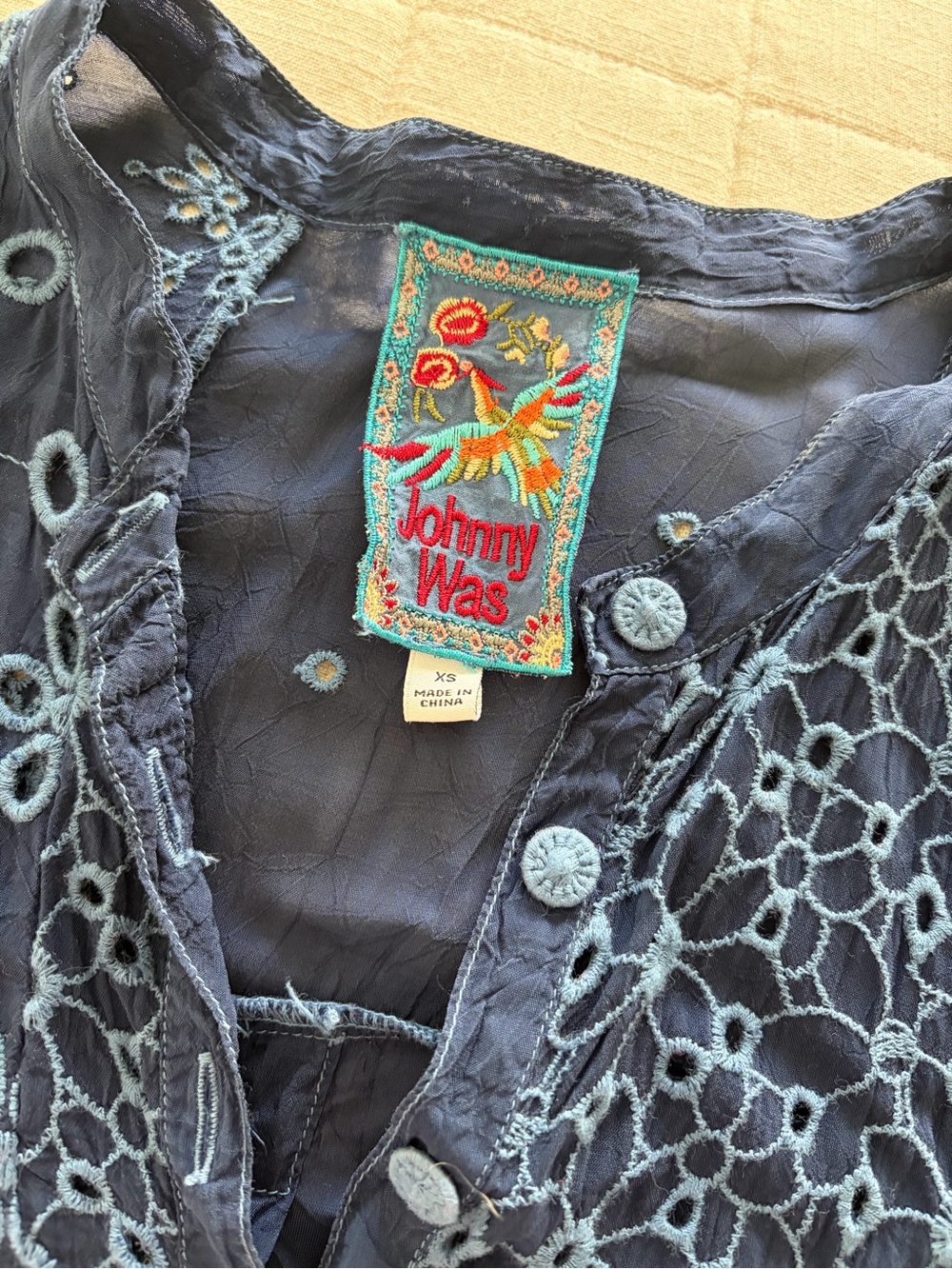 Johnny Was Navy Crochet Lace Button-Front Blouse with Teal Embroidered Label